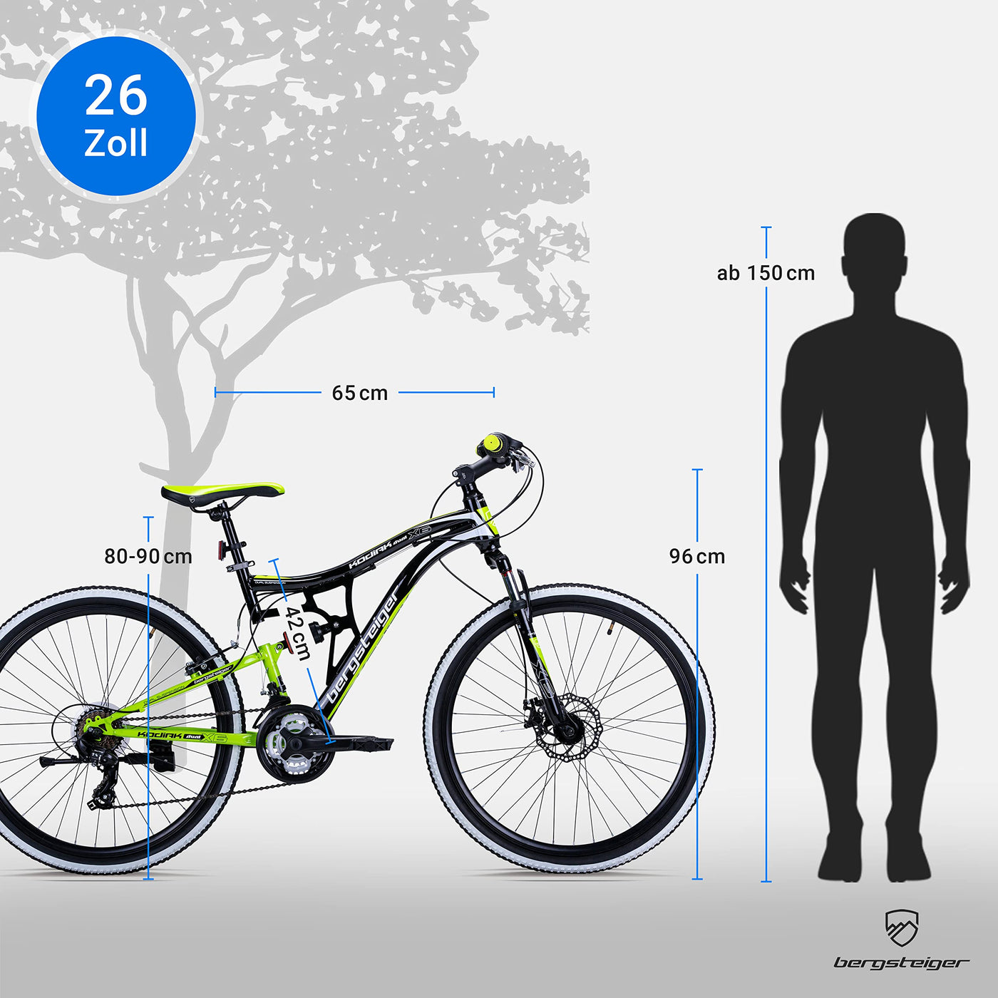 Bergsteiger Kodiak 26 Zoll, 29 Zoll Mountainbike, Scheibenbremse, Shimano 21 Gang-Schaltung, Vollfederung, Fully MTB für Jungen, Mädchen, Damen & Herren