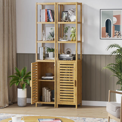VIAGDO Hochschrank, Badezimmerschrank Bambus, Badschrank hoch mit 3 offene Fächern und Schrank, hoher Beistellschrank, Aufbewahrungsschrank, für Badezimmer, Flur, Küche, Wohnzimmer