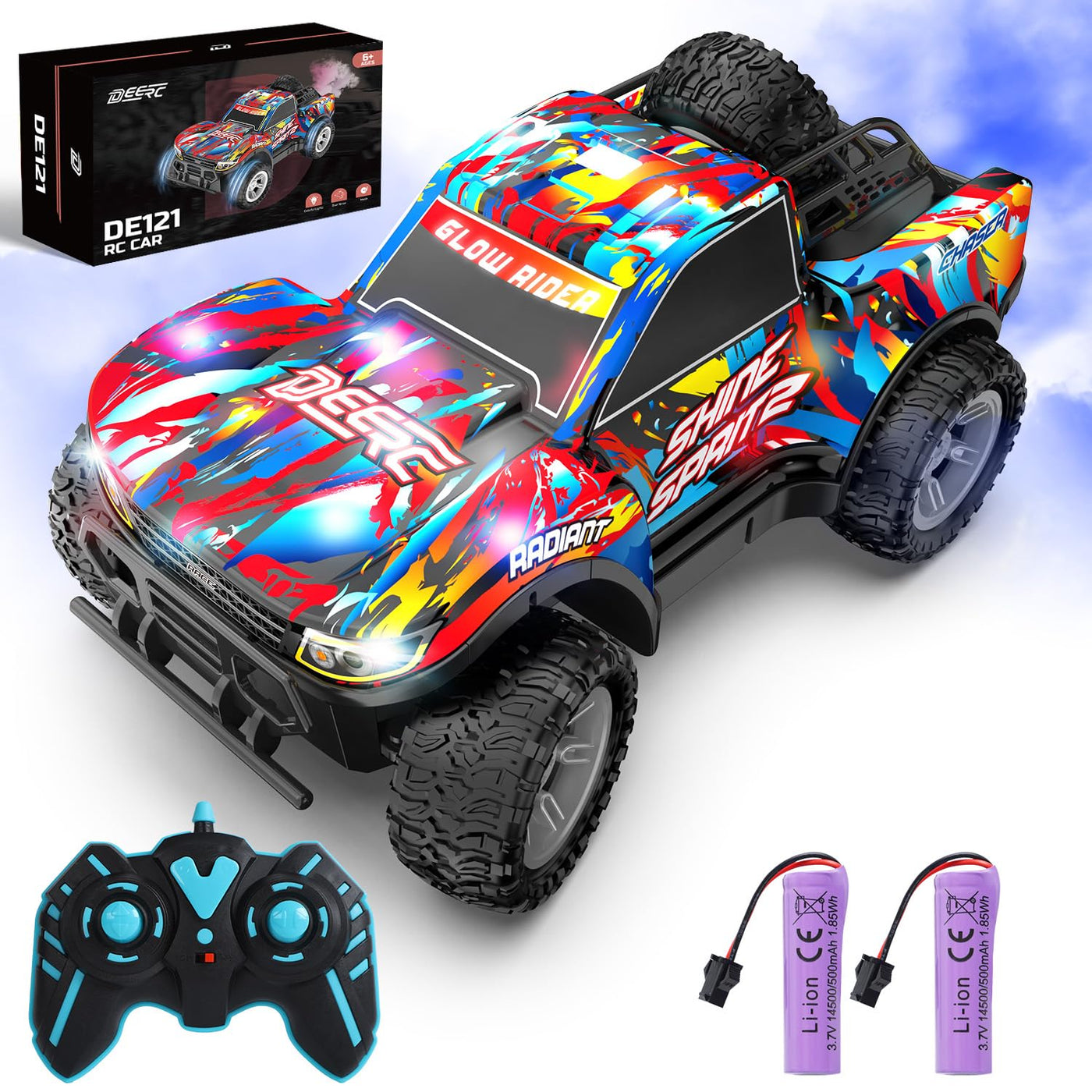 DEERC RC-Auto für Kinder 4-8 Jahre, All-Terrain Sprühfunktion RC Truck, Musik & LED-Lichtern, 2.4 GHz Fernsteuerungsauto, 2 Akkus,40 Min. Geschenk-Spielzeug für Kinder Indoor & Outdoor