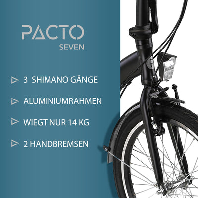 PACTO Seven - Hollandrad Hochwertiges Klappfahrrad 27cm Aluminiumrahmen Bike 20 Zoll Aluminiumräder Bicycle, 3 Speed Shimano Gänge Faltrad Klapprad Fahrrad Klappfahrrad Für Erwachsene Schwarz