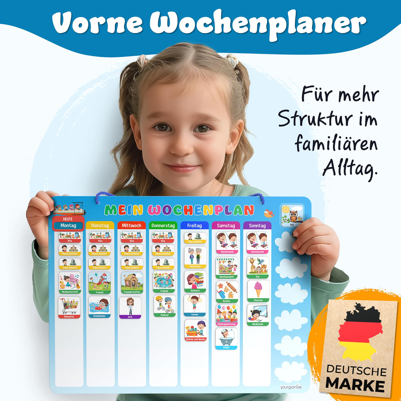YOURGANIZE® 2-in-1 Wochenplaner Kinder & Tagesplaner Kinder inkl. 196 Magnete + 160 Sticker zum Personalisieren - Routine Planer Kinder