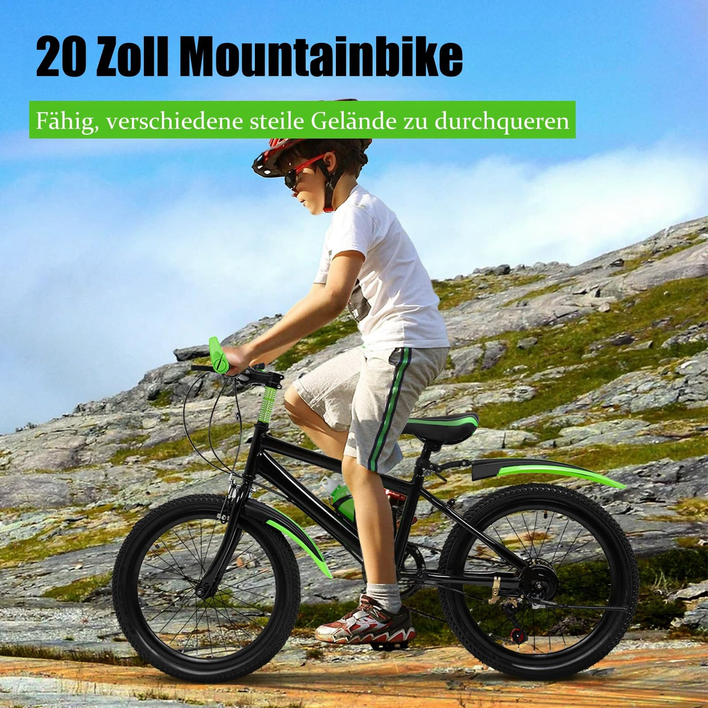 Charocean Mountainbike 20 Zoll Kinderfahrrad Kinder Fahrrad für Jungen & Mädchen, 7 Gang Mountainbike mit Schutzblech, Wasserflasche, Kompassglocke, Tragfähigkeit 85KG, Von 8-13 Jahren (Grün)