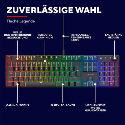 Trust Gaming GXT 866 Torix Mechanische Tastatur Deutsches QWERTZ Layout, Huano-Switches, Flache Tasten, RGB Beleuchtung, Anti-Ghosting N-Key Rollover USB Programmierbare Gaming Tastatur PC Laptop