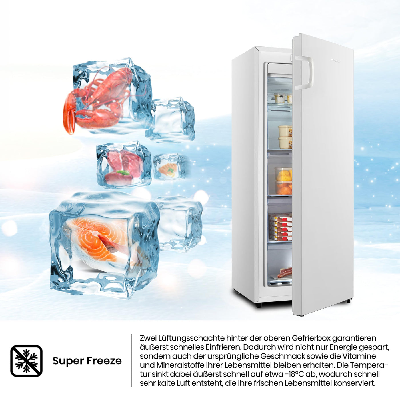 Hisense FV191N4AW2 Gefrierschrank/ TotalNoFrost/ SuperFreeze/ Türalarm/ Multiflow 360°/ BigBox/ 143,4 cm/ Gefrierteil 147 l/ 41 dB/ 205 kWh/Weiß