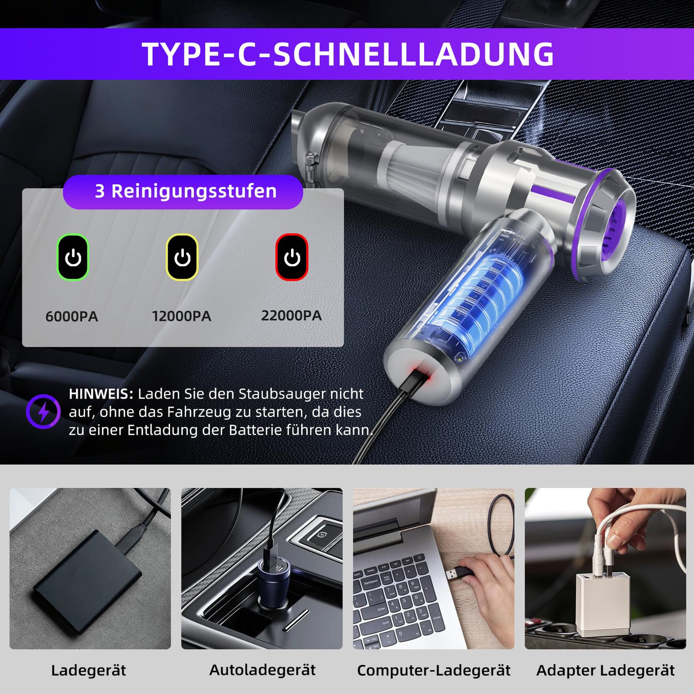 Handstaubsauger, 22000Pa 4-in-1 Handstaubsauger Akku Kabellos mit 1-Knopf-Selbstentleerung, Bürstenloser Motor Mini Staubsauger, 3 Stufen Saugstärke, Auto Staubsauger für Haus/Auto/Tierhaar, Silber