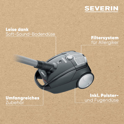 SEVERIN Staubsauger mit Beutel, kompakter & leiser Bodenstaubsauger für Teppich - & Hartböden, 750 W, Soft-Sound-Bodendüse, 8 m Reichweite, schwarz, BC 7030