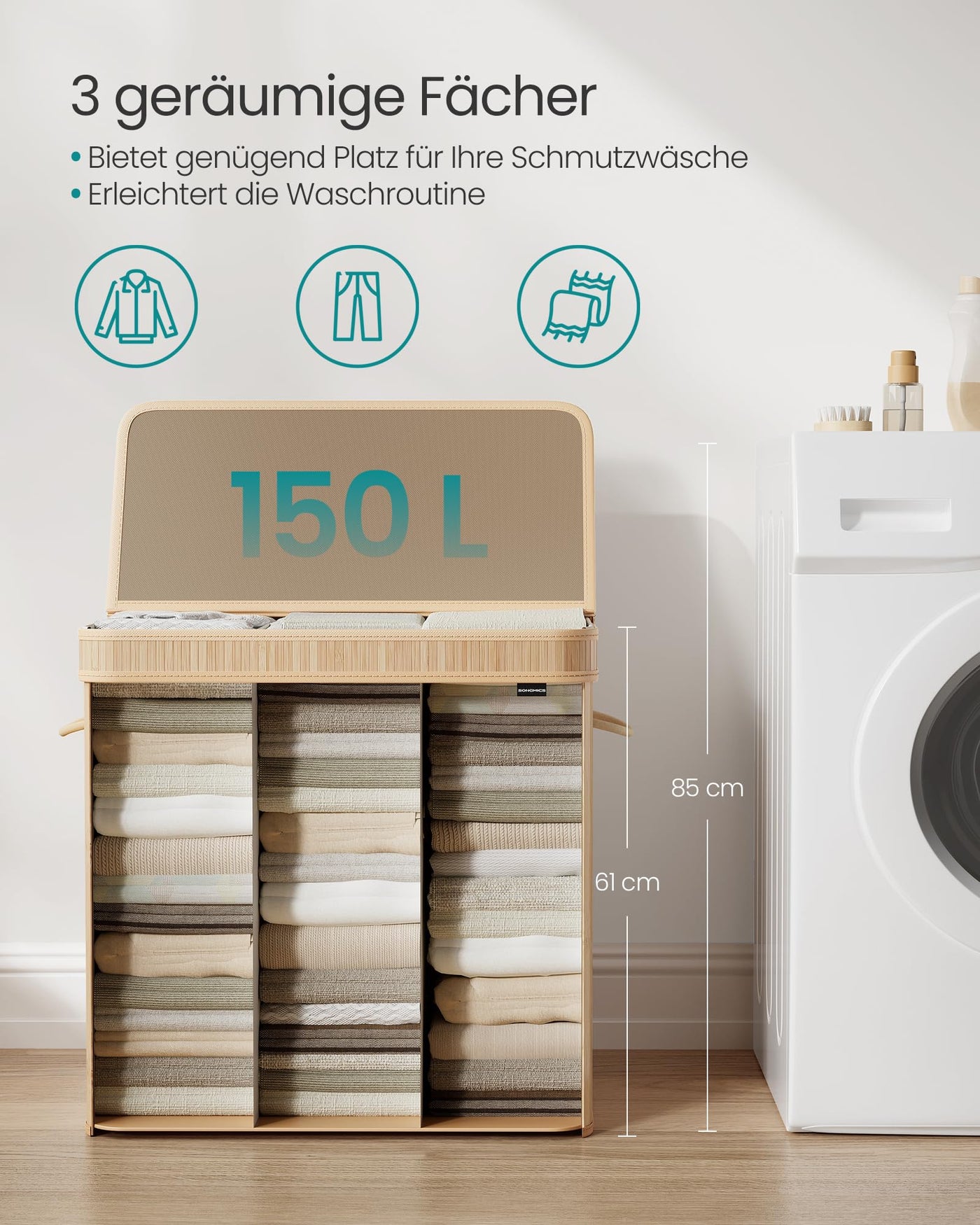 SONGMICS Wäschekorb mit Deckel, Wäschesammler Bambus, Wäschesack herausnehmbar und maschinenwaschbar, mit Griffen, 150 Liter, für Waschküche, Schlafzimmer, Wohnzimmer, naturbeige LCB062N01