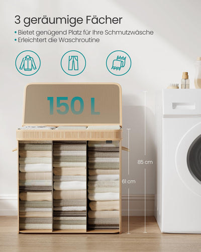 SONGMICS Wäschekorb mit Deckel, Wäschesammler Bambus, Wäschesack herausnehmbar und maschinenwaschbar, mit Griffen, 150 Liter, für Waschküche, Schlafzimmer, Wohnzimmer, naturbeige LCB062N01