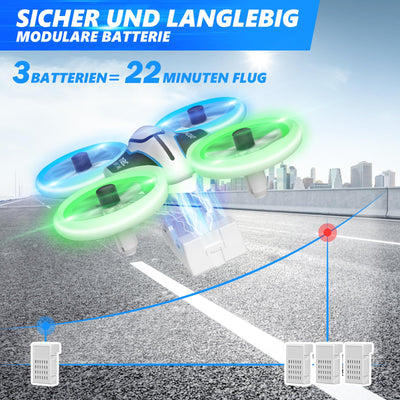 Mini Drohne mit Kamera HD 720P für Kinder, RC Drone mit LED Lichter,Quadrocopter mit 3D Flips, Kopflosem Modus und 3 Akkus,21 Min Lange Flugzeit,Spielzeug Drohne Helikopter für Kinder und Anfänger