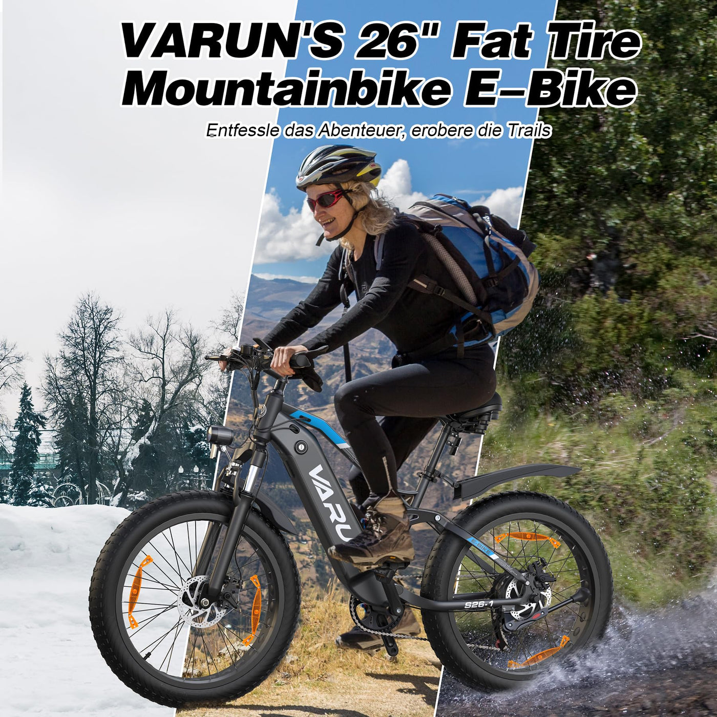 VARUN E-Fatbike, 26''*4.0 Elektrofahrrad für Damen und Herren, 48V/16Ah Abnehmbare Batterie, E Bike mit LCD, 250W Motor, rutschfeste Dicke Reifen,3 Fahrmodi,für Berg und Schnee