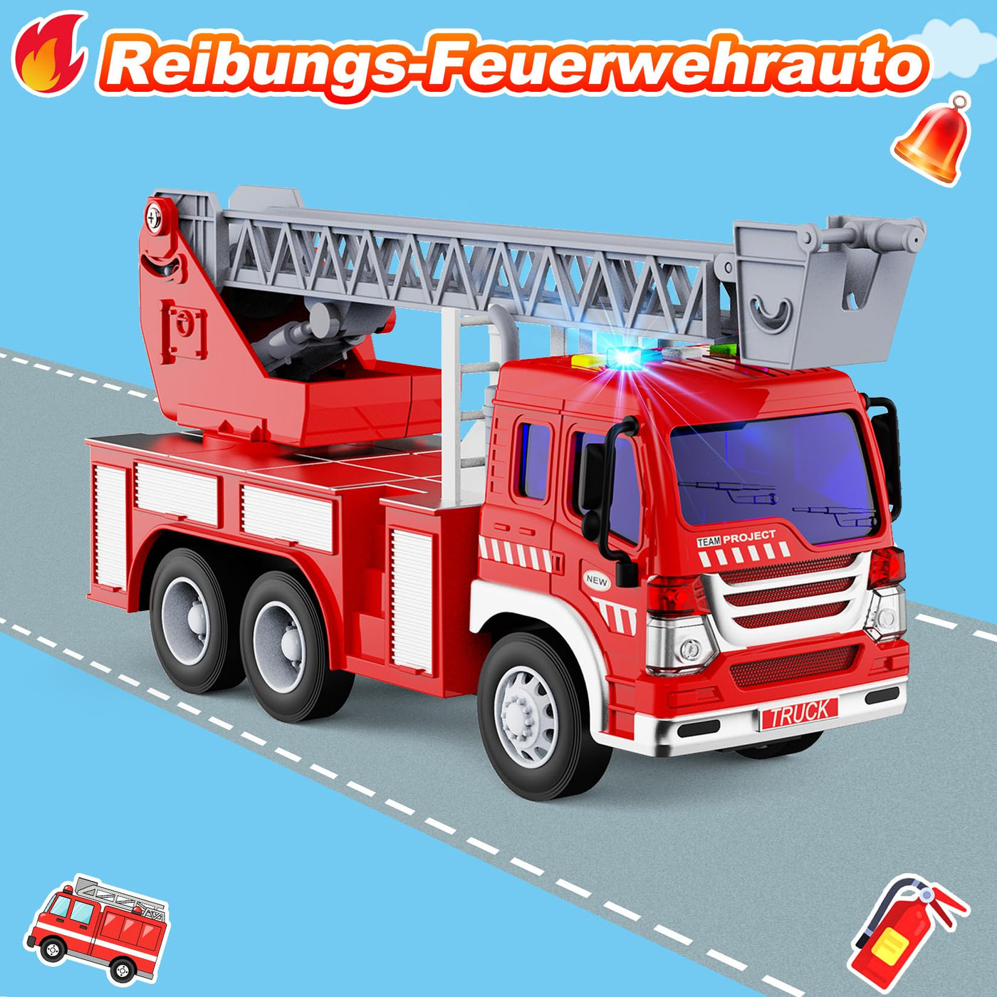 GizmoVine Feuerwehrauto Groß, Feuerwehr Auto Spielzeug mit Drehleiter, Sound und Licht, Große Spielzeugauto, Fire Truck Fahrzeuge, Geschenke für Jungen, Kinder Löschfahrzeug ab 3 4 5 6 7 8 Jahre