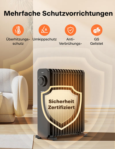 PELONIS 2500W Ölradiator Energiesparend, 13 Rippen Elektroheizung, Mobile Elektro Heizkörper mit Thermostat, 3 Heizstufen und Überhitzungsschutz, Radiator Heizung Elektrisch, Schwarz