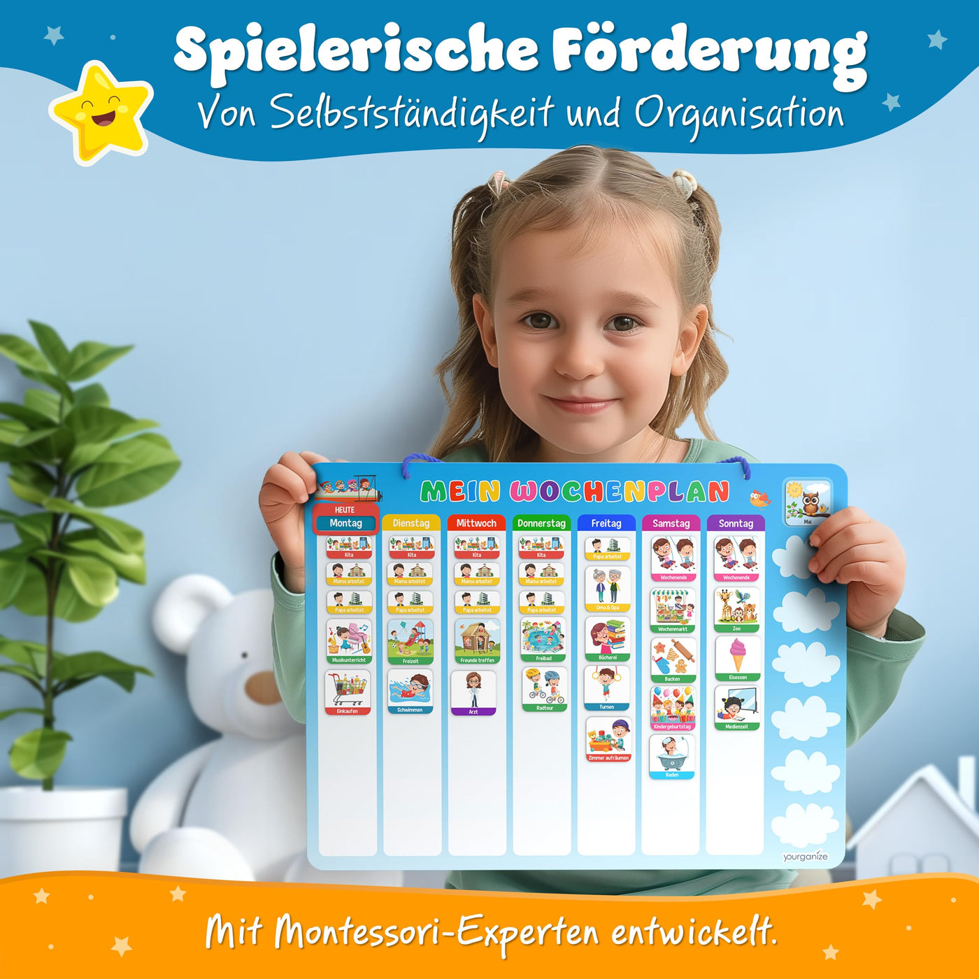YOURGANIZE® 2-in-1 Wochenplaner Kinder & Tagesplaner Kinder inkl. 196 Magnete + 160 Sticker zum Personalisieren - Routine Planer Kinder