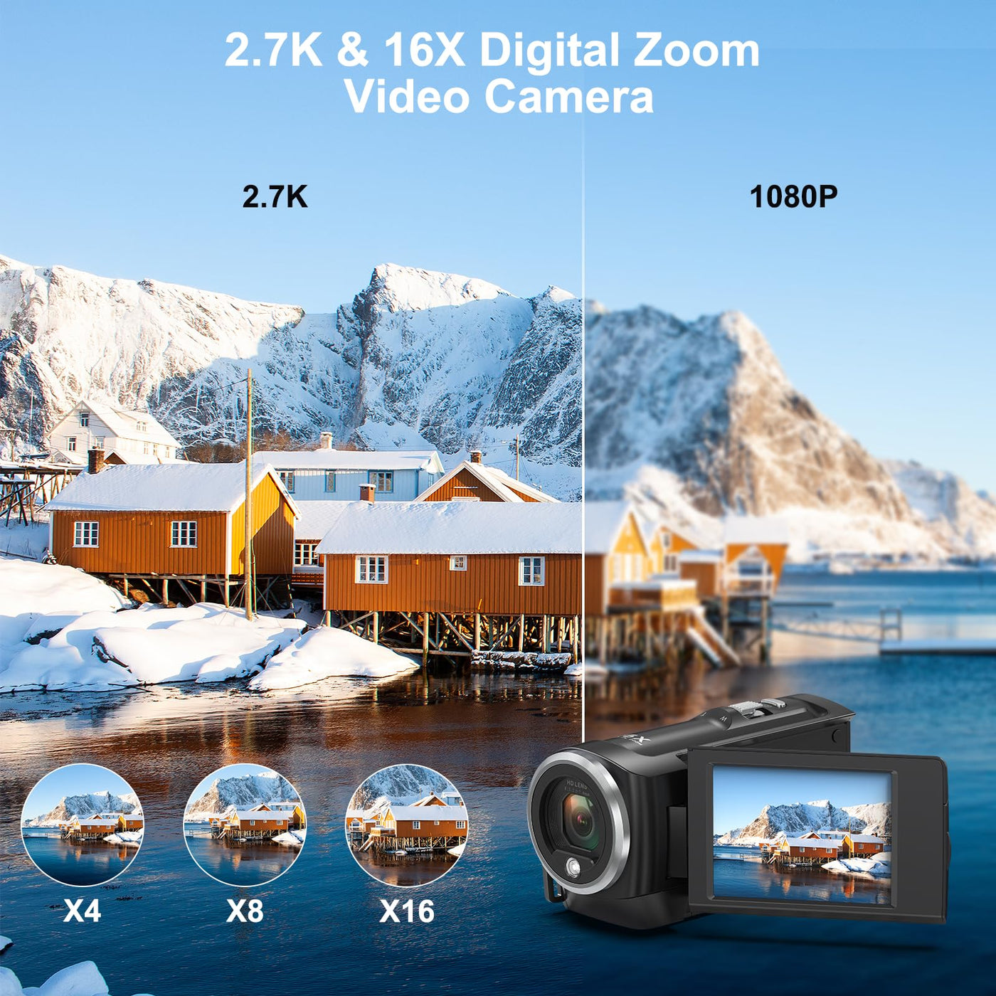 Delmodes Videokamera 2.7K 56MP Camcorder 16X Digitalzoom Vlogging Camera mit LED-Fülllicht für YouTube, 2.8" LCD Bildschirm Camcorder mit 32 GB SD-Karte, 2 Batterien