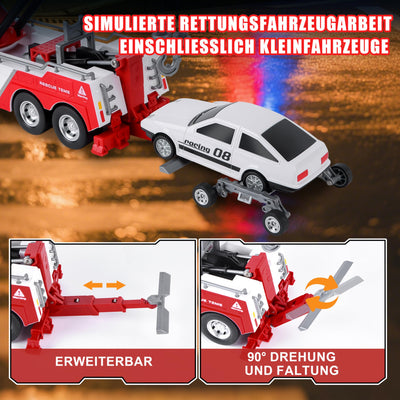 Charmofun Abschleppwagen Spielzeug Kinder, Transporter Lastwagen mit Beweglichem Kran, Recovery Abschlepper Spielzeug mit Licht und Sounds, Geschenk Vielseitiger Abschleppauto für Kinder ab 3 Jahren