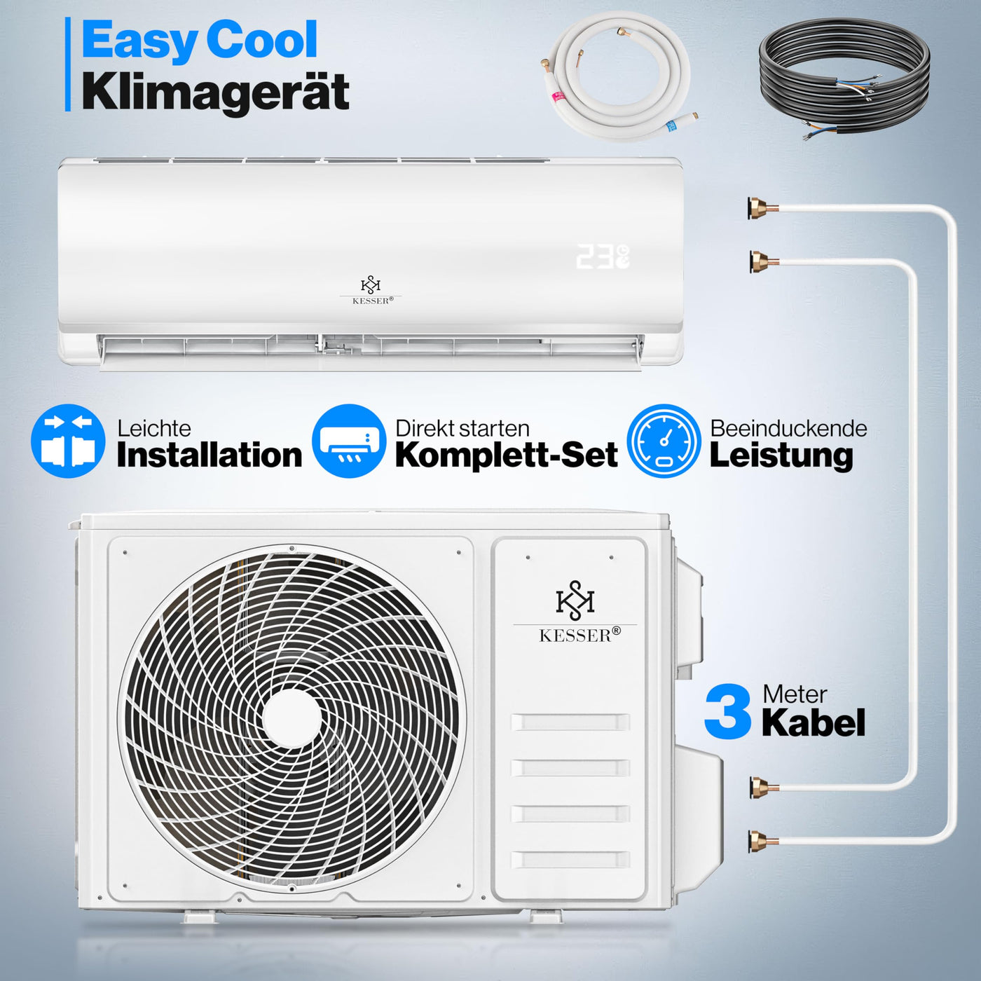 KESSER® Klimaanlage Set Split - mit WiFi/App Funktion Klimagerät - Kühlen A++/ Heizen A+ -12000 BTU/h (3.400 Watt) Kältemittel R32 - Fernbedienung, Timerfunktion - Inkl. komplettem Montagematerial