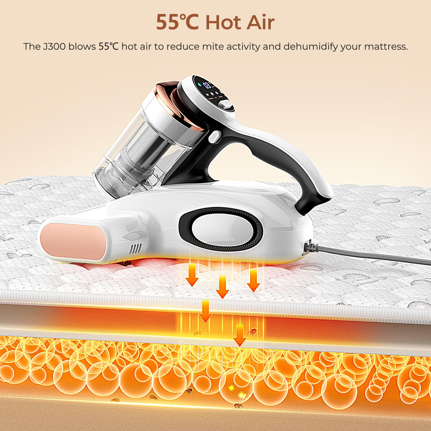 JIGOO J300 Milbensauger mit Staubmilben-Sensor und mit UV-Licht, 500W Milbenstaubsauger mit Intelligente LED-Anzeige, Für Allergiker, entfernt 99,9% Allergene, Für Matratzen, Betten und Sofas