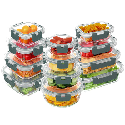 VERONES 24 Stück Glas Crisper Set, luftdichte Glas-Lunchboxen, stapelbare Glas-Lunchboxen mit Deckel, gefrier- und spülmaschinenfest, grau