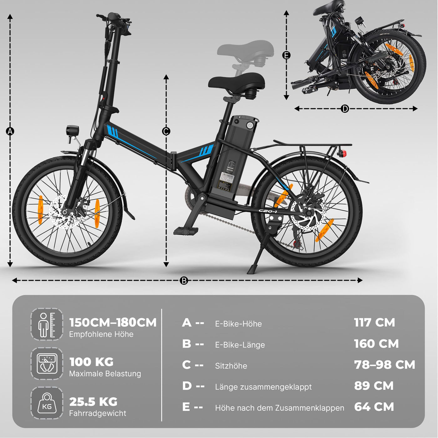 AOIHO E Bike, 20" EBike Klapprad mit 48V 374.4 Wh Lithium-Akku, Reichweite Max 70KM, Elektrofahrräder 250W Motor, 5 Fahrmodi, City E Fahrrad Herren Damen mit 7 Gängen EU-Konformes Klapprad E-Bike