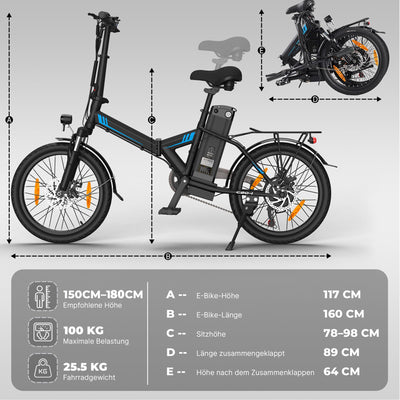 AOIHO E Bike, 20" EBike Klapprad mit 48V 374.4 Wh Lithium-Akku, Reichweite Max 70KM, Elektrofahrräder 250W Motor, 5 Fahrmodi, City E Fahrrad Herren Damen mit 7 Gängen EU-Konformes Klapprad E-Bike