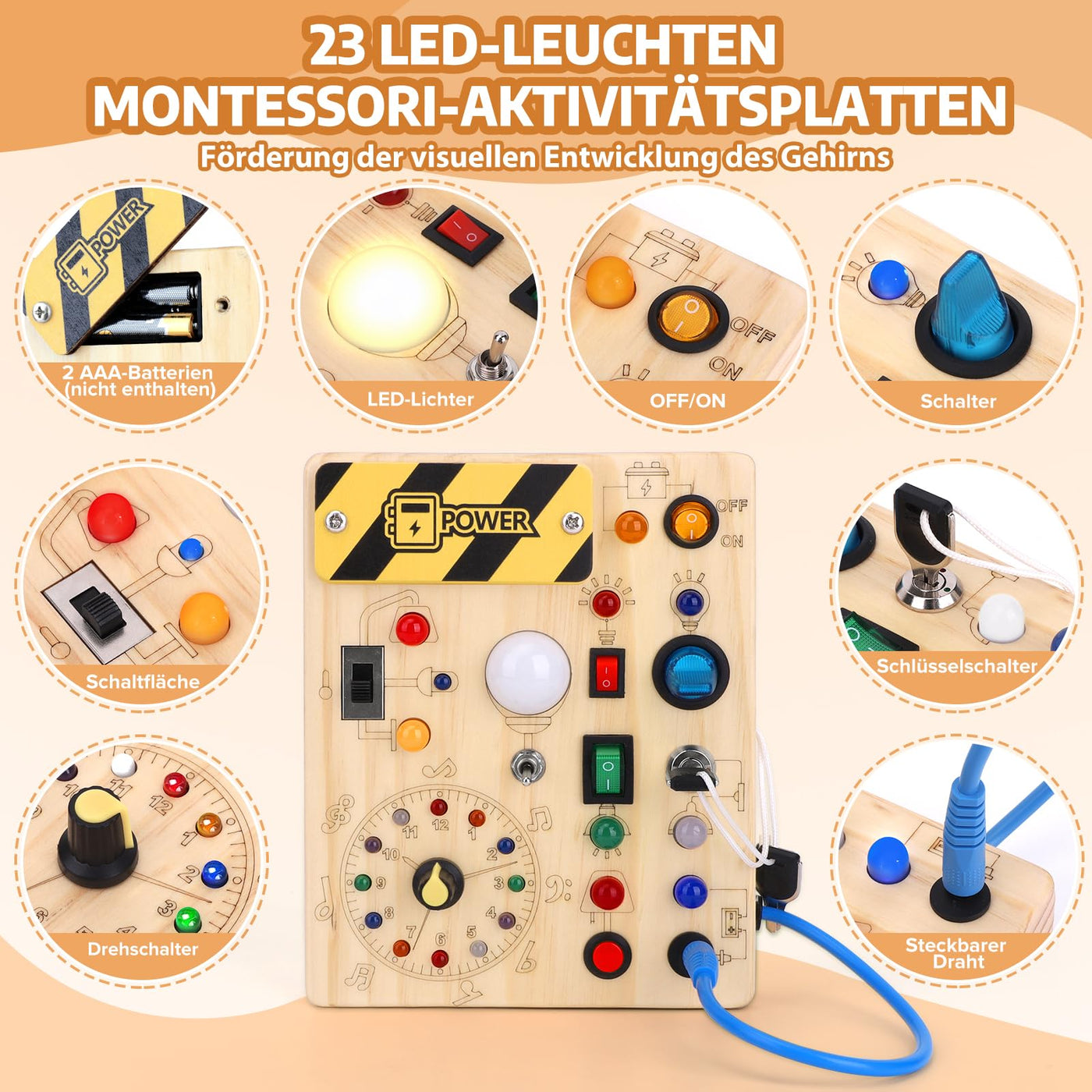 Busy Board Montessori Spielzeug Activity Board Sensorik Spielzeug Mit 10 Schaltern und 23 LED Lichtern Holzspielzeug Motorikspielzeug für Babys und Kinder ab 1 2 3 4 Jahre Jungen und Mädchen