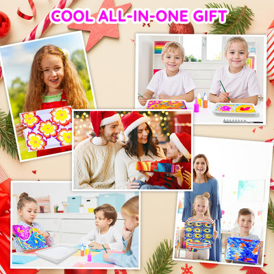 MOMUSE Bastelset Kinder ab 6 Jahre mit 2 Tabletts, Wasser-Marmorierfarbe-Set & Holz-Katzenfiguren, Kreatives Basteln Mädchen 8 Jahre, Coole Geschenke für Jungen Mädchen ab 6 8 9 10 12 Jahre