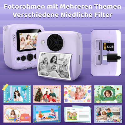 Kinderkamera Sofortbildkamera, Kinder Kamera mit 32GB Karte & 4 Bände Druckpapier, 48MP Sofortbildkamera Kinder mit 1080P Digitalkamera für Kinder, Geschenke für Mädchen und Jungen von 3 bis 12 Jahre