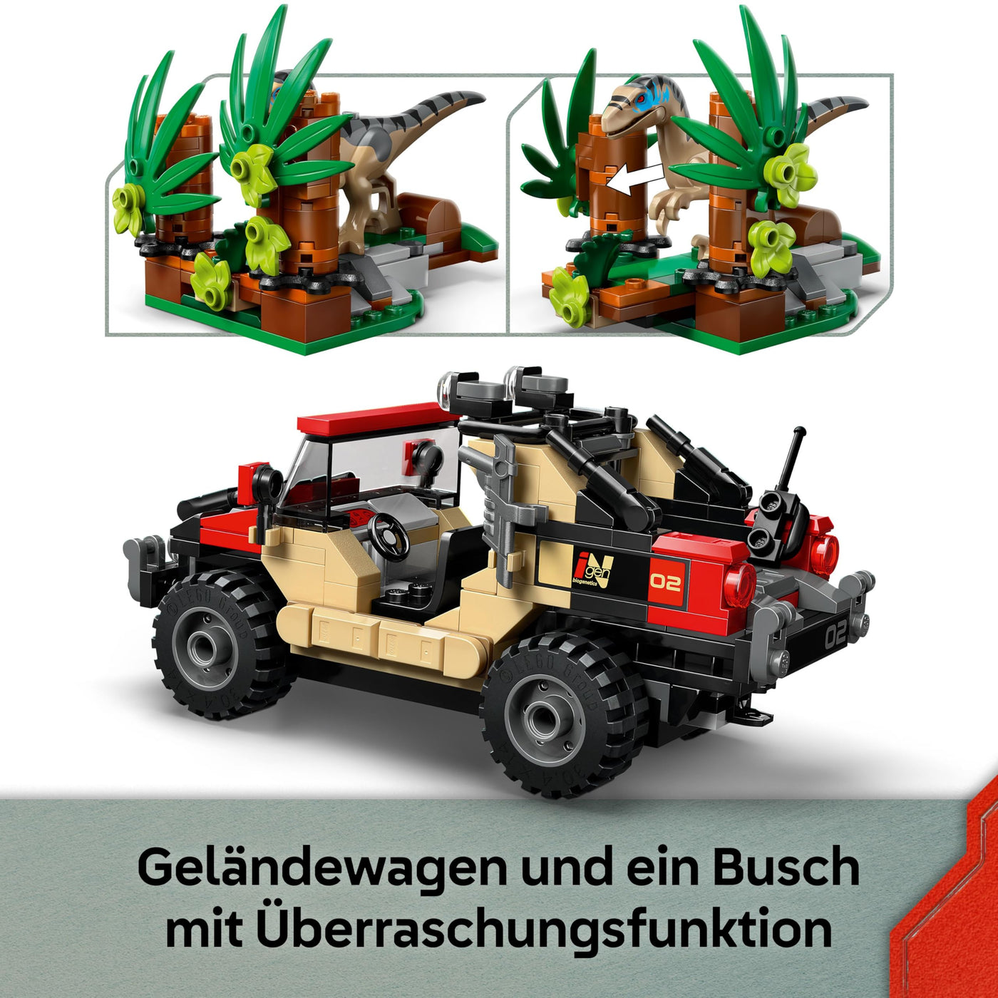 LEGO Jurassic World Raptor: Verfolgungsjagd mit dem Geländewagen – 2 Dinosaurier Figuren, Auto, 2 Minifiguren – Geschenk für Jungen und Mädchen ab 6 Jahren, Fans des Films „Die Wiedergeburt“ – 76972