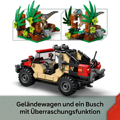 LEGO Jurassic World Raptor: Verfolgungsjagd mit dem Geländewagen – 2 Dinosaurier Figuren, Auto, 2 Minifiguren – Geschenk für Jungen und Mädchen ab 6 Jahren, Fans des Films „Die Wiedergeburt“ – 76972
