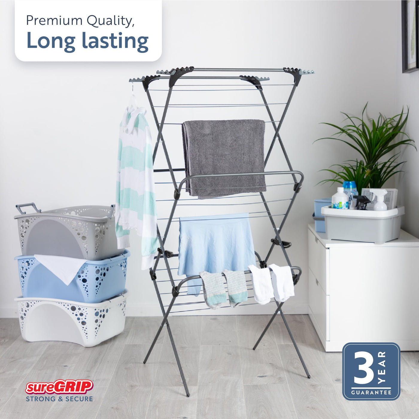 Minky Premium Sure Grip Wäscheständer mit 3 Etagen, Edelstahl, Rotguss, Standardgröße