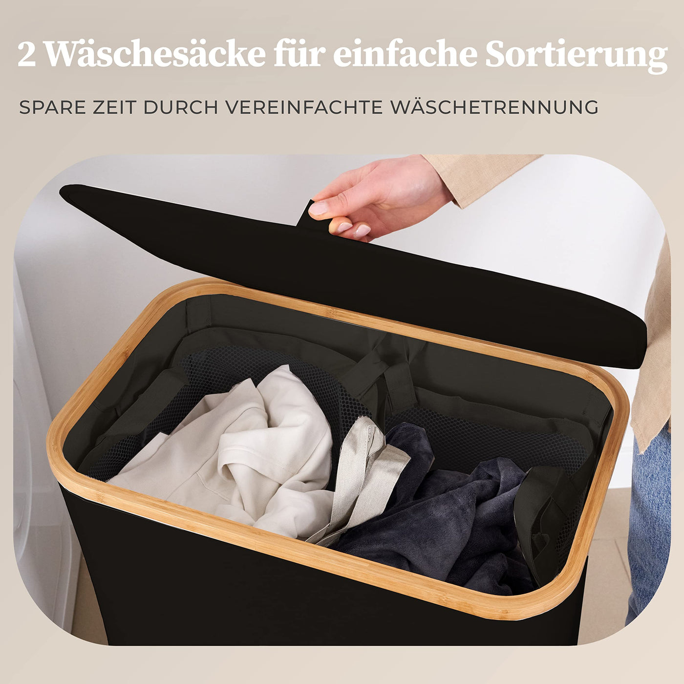 HENNEZ Wäschekorb mit Deckel 2 Fächer Wäschekorb schmal schwarz 141L Wäschesack - Wäschesortierer Anthrazit Wäschebox Wäschetonne schwarzer Wäschesammler mit Deckel Wäschetruhe dunkle Wäschekörbe