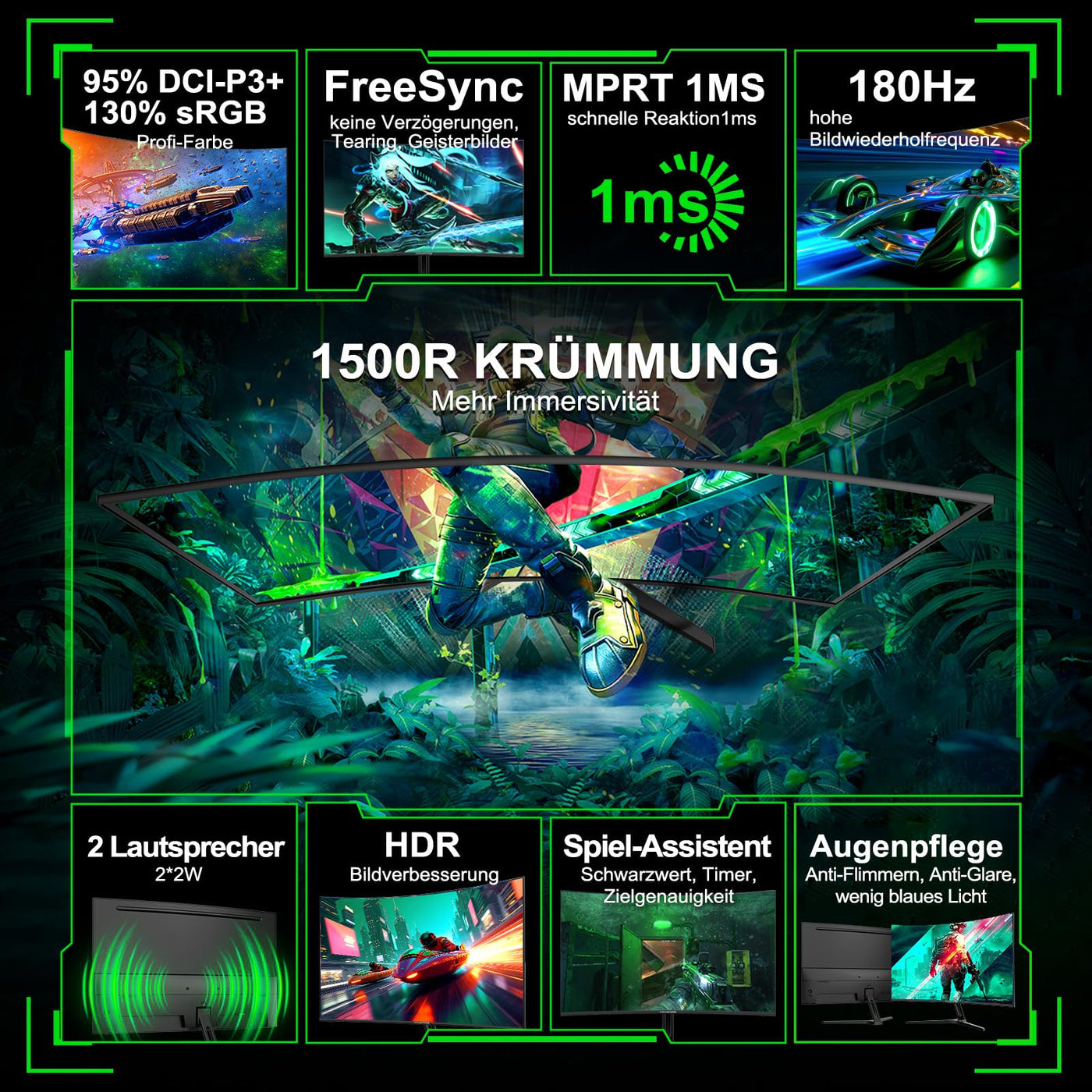Minifire Gaming Curved Monitor 27 Zoll MFG27C1 180Hz 1Ms 130% sRGB Monitor mit Sprecher 1920 * 1080 VA Panel （MFG27C1 mit HDMI-Kabel）