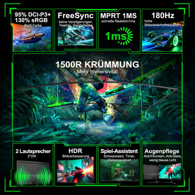 Minifire Gaming Curved Monitor 27 Zoll MFG27C1 180Hz 1Ms 130% sRGB Monitor mit Sprecher 1920 * 1080 VA Panel （MFG27C1 mit HDMI-Kabel）
