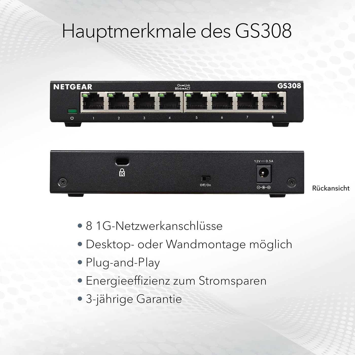 NETGEAR GS308 LAN Switch 8 Port Netzwerk Switch (Plug-and-Play Gigabit Switch LAN Splitter, LAN Verteiler, Ethernet Hub lüfterlos, robustes Metallgehäuse mit Ein-/Ausschalter), Schwarz