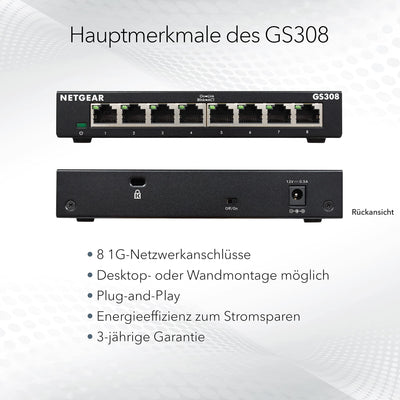 NETGEAR GS308 LAN Switch 8 Port Netzwerk Switch (Plug-and-Play Gigabit Switch LAN Splitter, LAN Verteiler, Ethernet Hub lüfterlos, robustes Metallgehäuse mit Ein-/Ausschalter), Schwarz