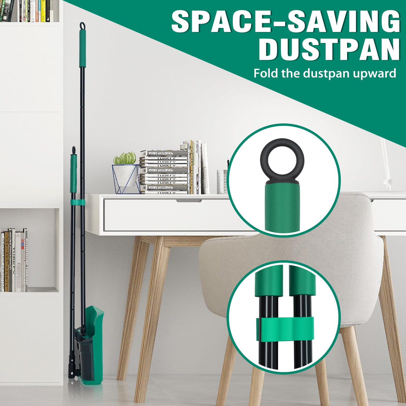 JEHONN Besen und Kehrschaufel Set mit Langem Stiel 136 cm, 180 Grad Drehbar Camping Kehrbesen Innen und Aufgerüstet Groß Schaufel für Vorzelt, Haus, Büro, Lobby, Terrasse (Grün)