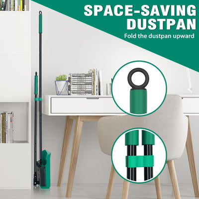 JEHONN Besen und Kehrschaufel Set mit Langem Stiel 136 cm, 180 Grad Drehbar Camping Kehrbesen Innen und Aufgerüstet Groß Schaufel für Vorzelt, Haus, Büro, Lobby, Terrasse (Grün)