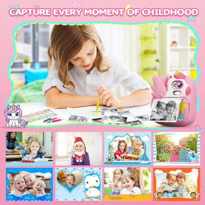 CAMCLID Kinderkamera Sofortbildkamera, 2,4 Zoll Sofortbildkamera Kinder mit 32G TF Karte und Fotopapier Drucken, 1080P HD Digitalkamera Kinder, Geschenke für Jungen und Mädchen 3-12 Jahre (Rosa)