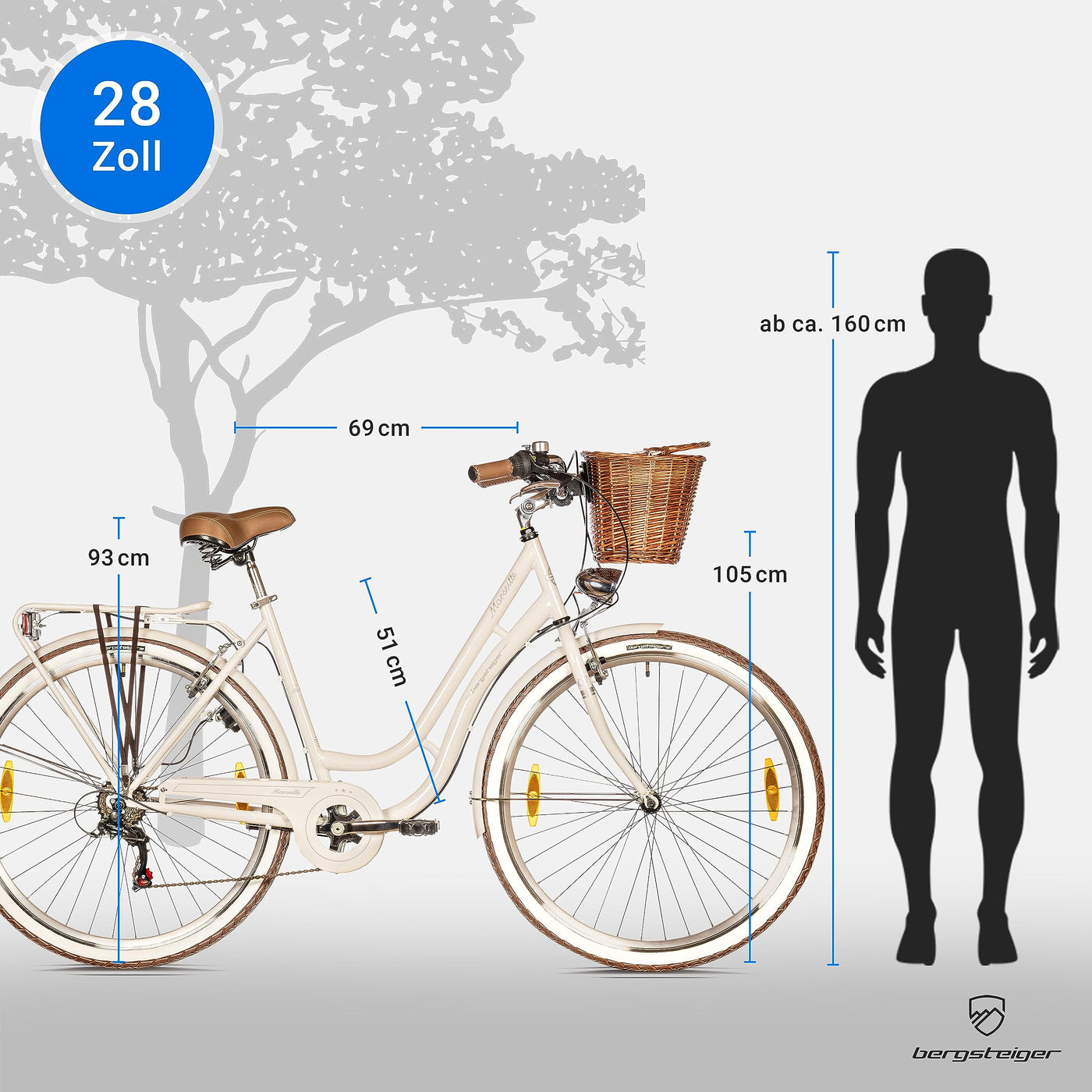 Bergsteiger Marseille 28 Zoll Damenfahrrad, ab 150 cm, Korb aus Rattan, Fahrrad-Licht, Damen-Citybike, Damenrad im Retro-Design«, 6 Gang Shimano Tourney Schaltung, Kettenschaltung