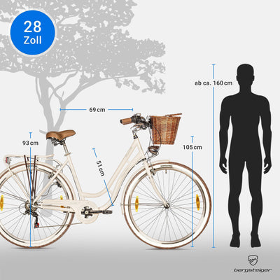 Bergsteiger Marseille 28 Zoll Damenfahrrad, ab 150 cm, Korb aus Rattan, Fahrrad-Licht, Damen-Citybike, Damenrad im Retro-Design«, 6 Gang Shimano Tourney Schaltung, Kettenschaltung