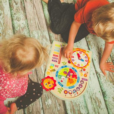 Tooky Toy Kalenderuhr Jahresuhr - Kinder Lernuhr - Holz Spielzeug Lern-Spielzeug - Uhr - Jahreszeiten - Wetter aus Holz