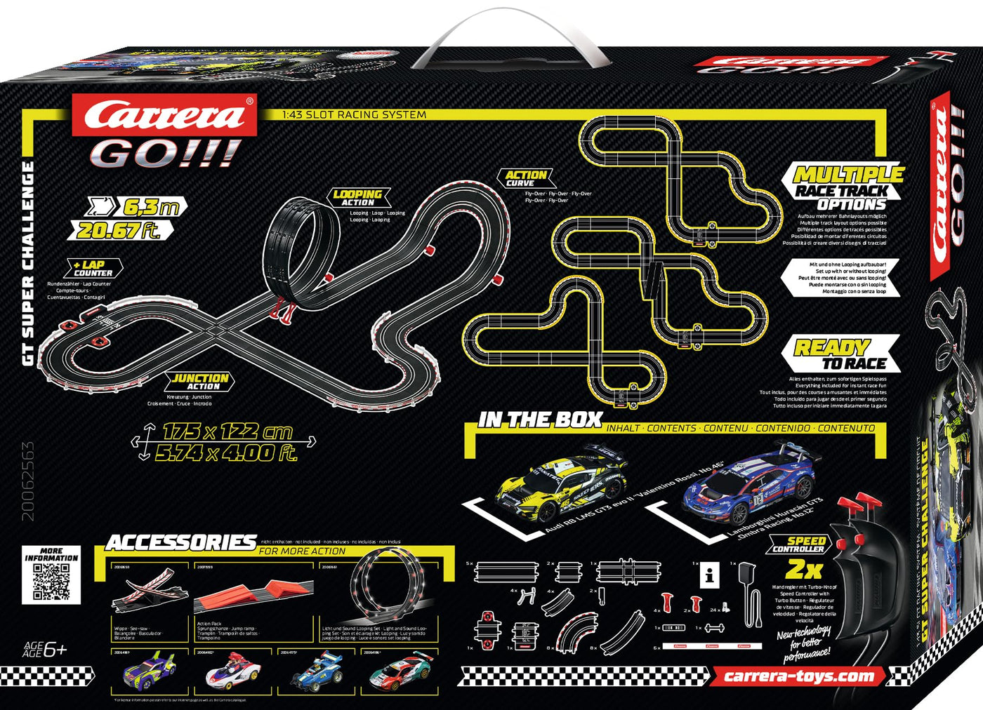 Carrera - 20062563 - Go I GT Super Challenge I Detailgetreue Audi R8 LMS GT3 evo II und Lamborghini Huracán GT3 im Maßstab 1:43 I Actiongeladener Rennspaß mit Rundenzähler und herausfordernder Strecke