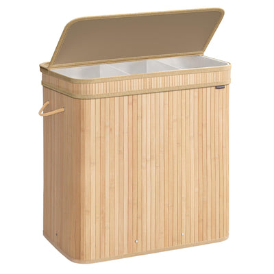 SONGMICS Wäschekorb mit Deckel, Wäschesammler Bambus, Wäschesack herausnehmbar und maschinenwaschbar, mit Griffen, 150 Liter, für Waschküche, Schlafzimmer, Wohnzimmer, naturbeige LCB062N01
