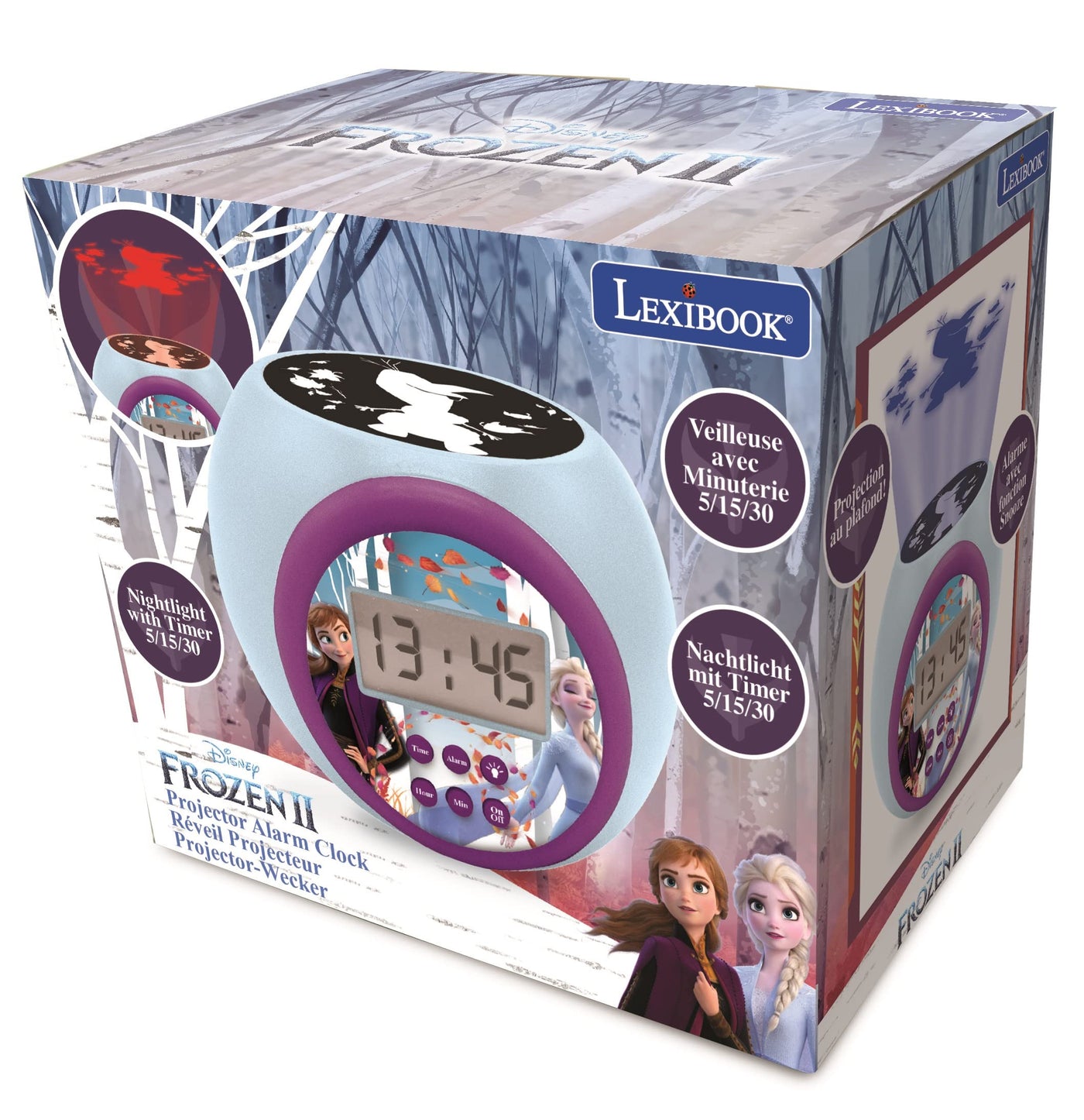Lexibook RL977FZ Frozen 2 Anna and ELSA Projector Alarm Clock Disney with Snooze Function and Alarm Function, Night Light with Timer, LCD Screen, Battery Operated, Blue/Purple, Multicoloured