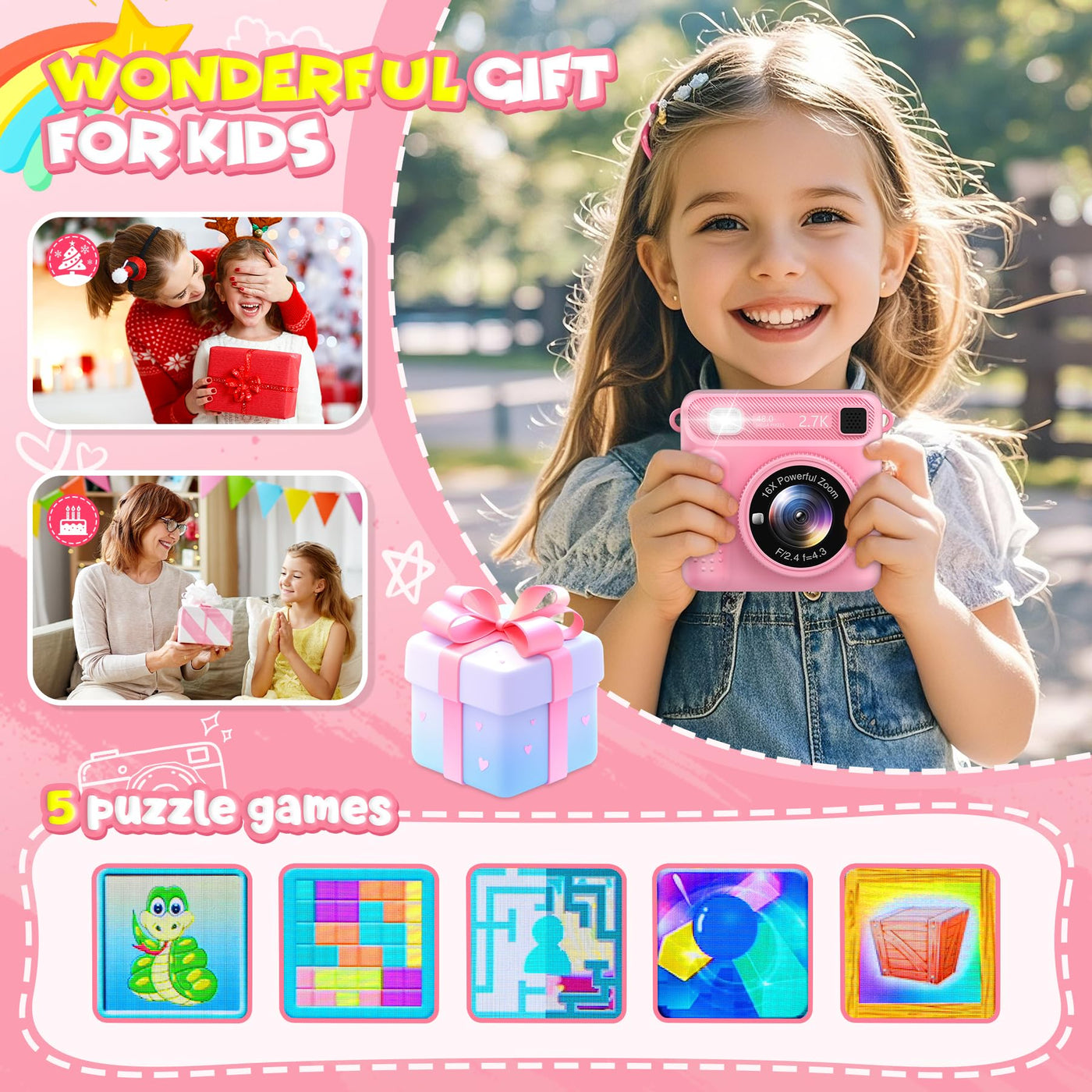 LUVTOY Sofortbildkamera Kinderkamera – 1080P 2,4 Zoll Bildschirm Kinderkamera Mit 32GB Karte & Druckpapier, Kinder Kamera Weihnachten Geschenk Für Jungen Mädchen 3-12 Jahren-Rosa