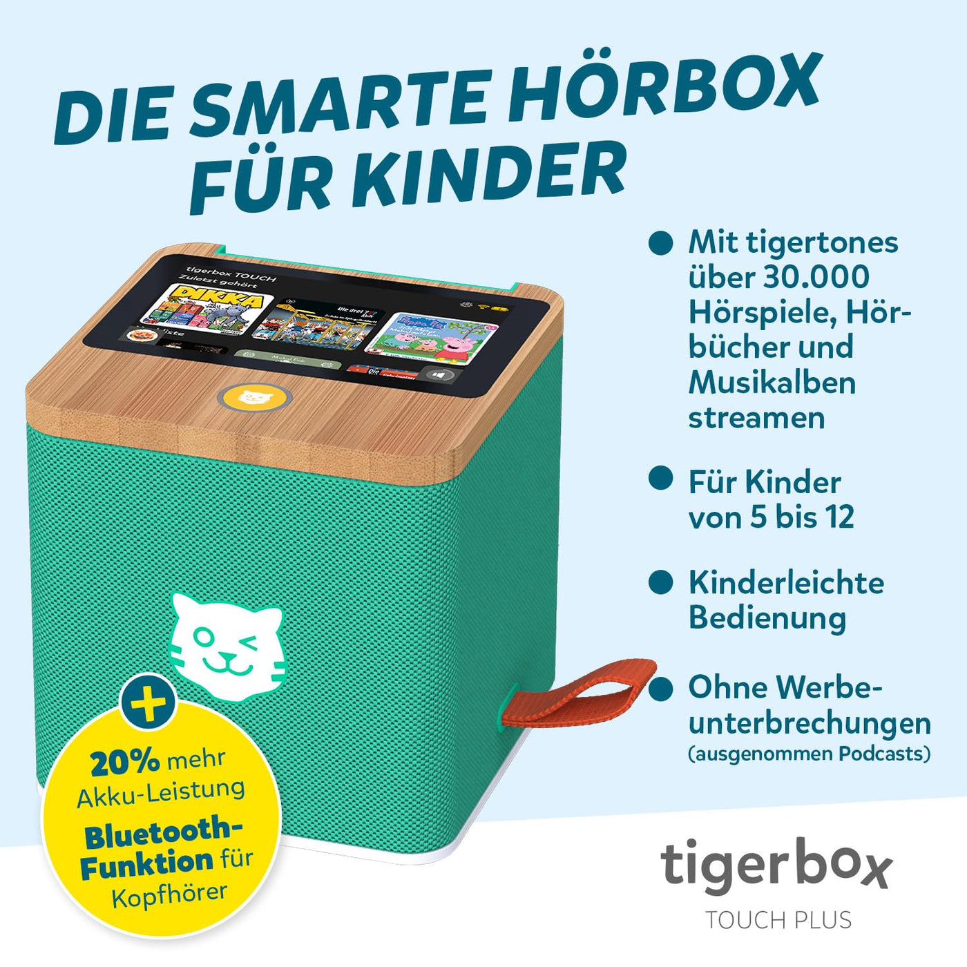 tigermedia tigerbox TOUCH PLUS grün| Streaming-Hörbox für Kinder | Stereo-Klang | Farb-Touchdisplay | Hörspielbox mit Nachtlicht | Bluetooth-Kopfhöreranschluss | extra starker Akku