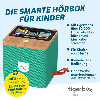 tigermedia tigerbox TOUCH PLUS grün| Streaming-Hörbox für Kinder | Stereo-Klang | Farb-Touchdisplay | Hörspielbox mit Nachtlicht | Bluetooth-Kopfhöreranschluss | extra starker Akku