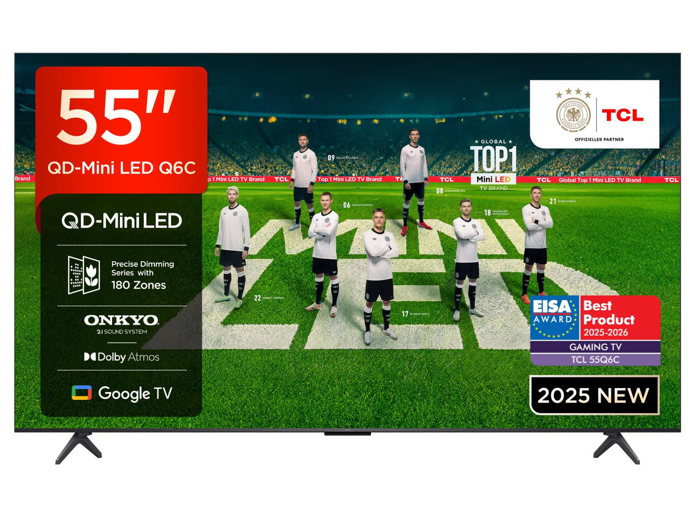 TCL 55 Zoll 55Q6C QLED Mini LED Fernseher, 4K HDR Premium, Dolby Vision IQ & Atmos, Onkyo 2.1, Smart Google TV, Game Master, 144Hz Motion Clarity Pro, AMD FreeSync Premium Pro, HDMI 2.1, AirPlay 2