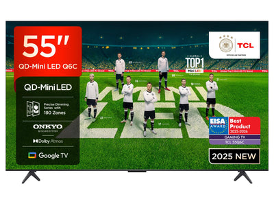 TCL 55 Zoll 55Q6C QLED Mini LED Fernseher, 4K HDR Premium, Dolby Vision IQ & Atmos, Onkyo 2.1, Smart Google TV, Game Master, 144Hz Motion Clarity Pro, AMD FreeSync Premium Pro, HDMI 2.1, AirPlay 2