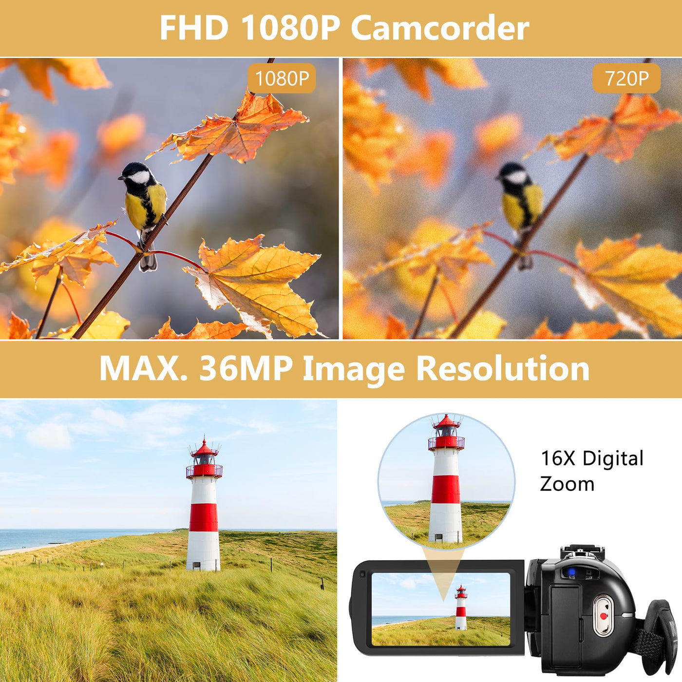 Videokamera Camcorder 1080P 36MP IR-Nachtsicht Videokamera Digitalkamera mit 2 Batterien, 3,0-Zoll-IPS-Bildschirm Vlogging Kamera 30FPS 16X Digitalzoom für YouTube, Streaming-Videoaufzeichnung, Tiktok